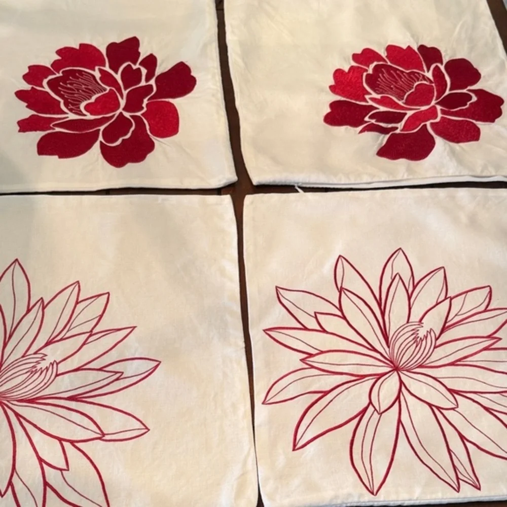 Four Elegant handmade Scarlet Flower Throw Pillow Covers, 18”x18”